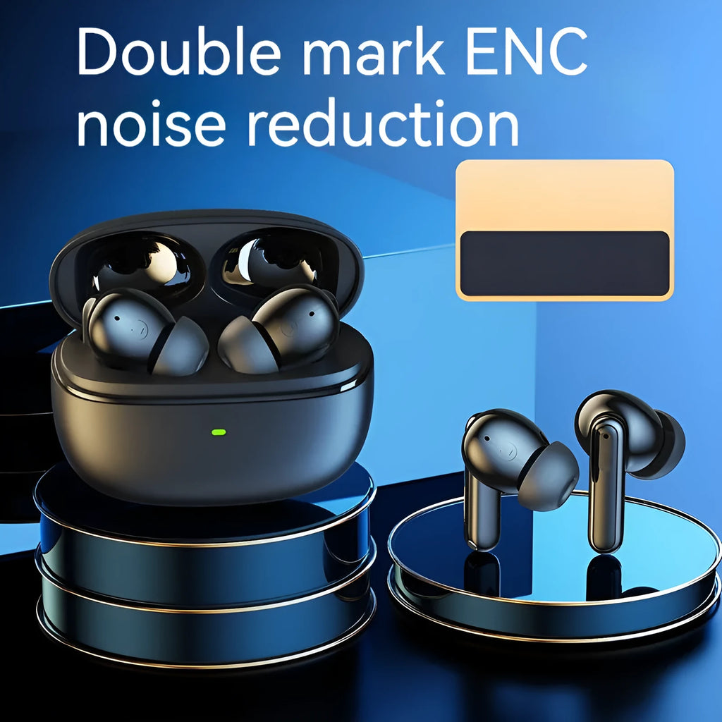 Wireless Bluetooth V5.3 in-ear headphones with ENC noise reduction, white colour, industrial style, digital display charging case