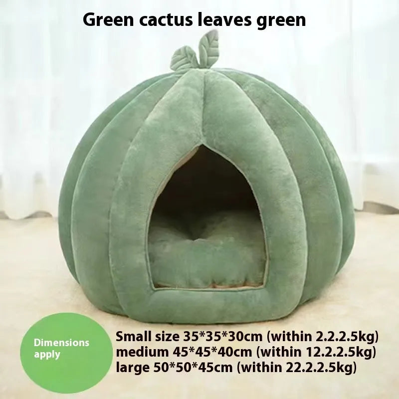 Semi-enclosed leaf style pumpkin nest cat bed in PP cotton with removable cover, three sizes