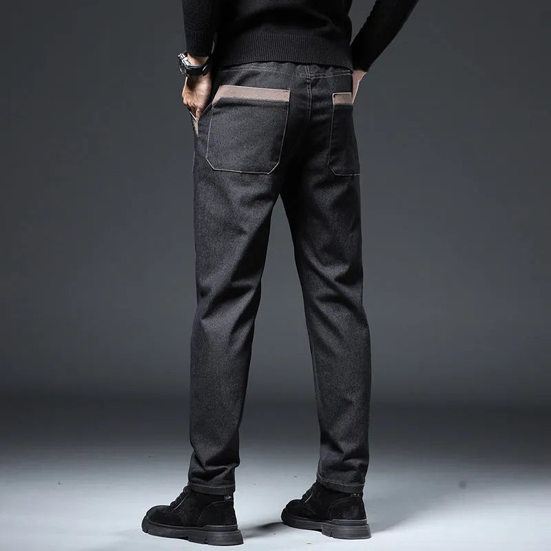 Men's embroidered slim straight cotton trousers in black, high waist, spring wear