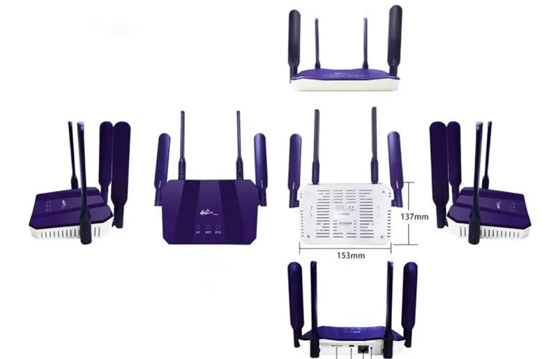 Blue 4G dual-mode wireless router with four external antennas on a white background.