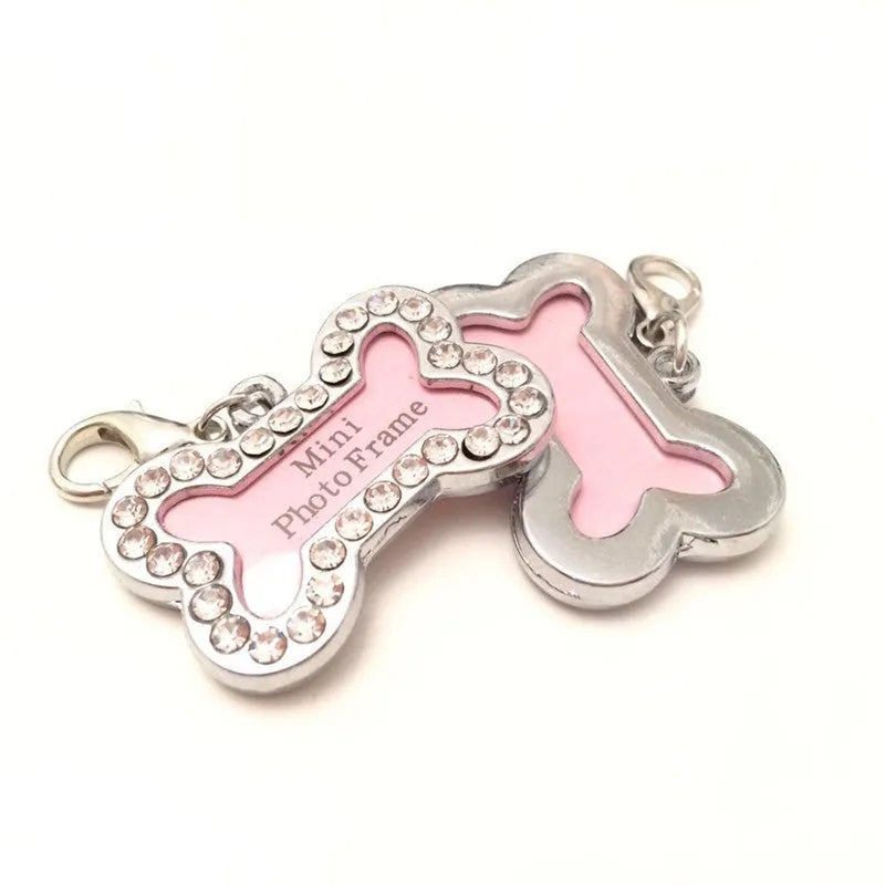 Metal diamond dog pendant necklace with pink bone pattern on a pet collar