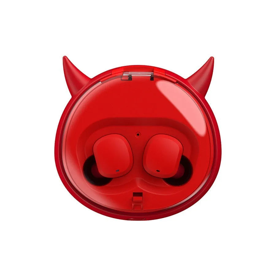 Macaron Red coloured TWS true wireless Bluetooth 5.0 in-ear headphones with charging case.
