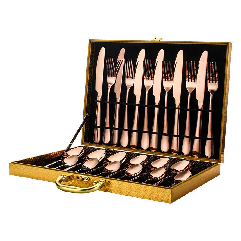 24-piece stainless steel cutlery set showing table knives, forks, and spoons in a gold colour option.