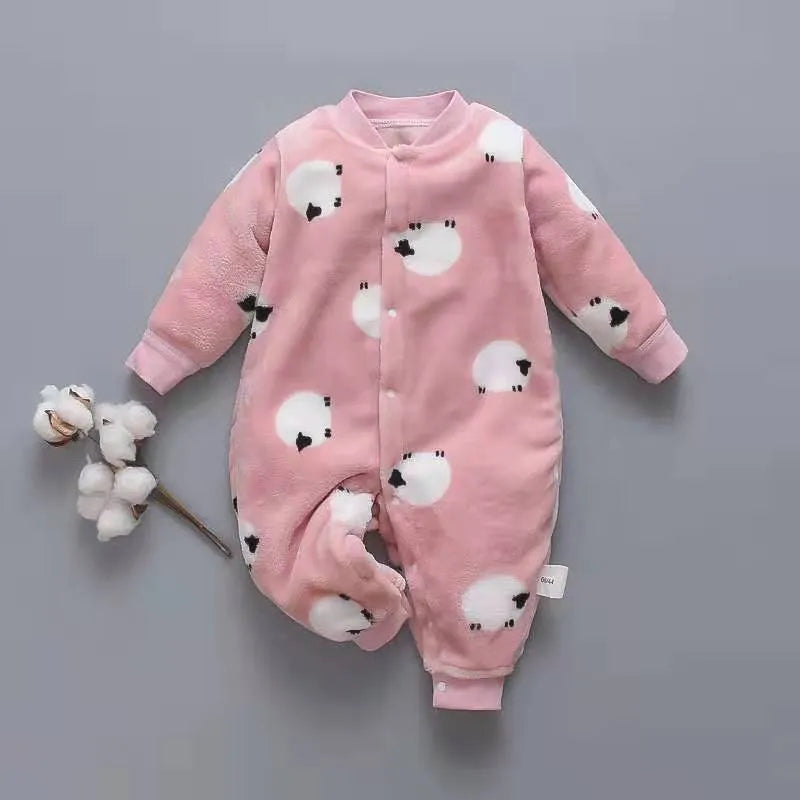 Long sleeve baby onesie romper in thicker flannel fabric with panda print design
