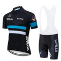 Men's summer cycling jersey and bib short set in blue, made from quick-dry polyester with COOLMAX gel pad