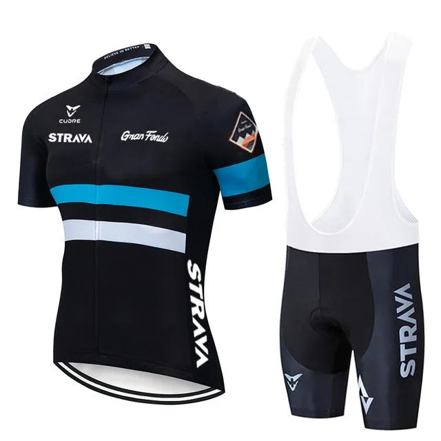 Men's summer cycling jersey and bib short set in blue, made from quick-dry polyester with COOLMAX gel pad