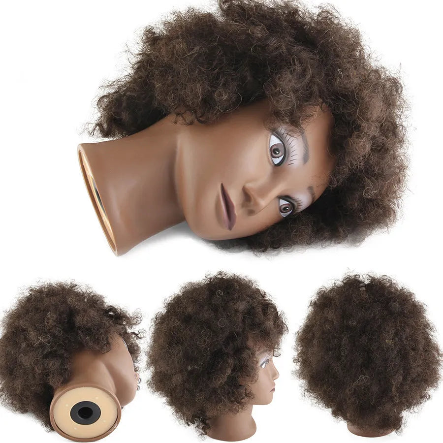 Black real human hair wig model with short harsh fluffy style on head mold base