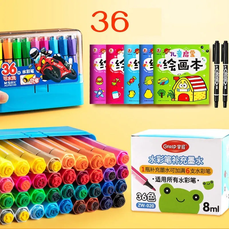 Children's washable painting brushes with hexagonal handles in blue, pink and yellow colours