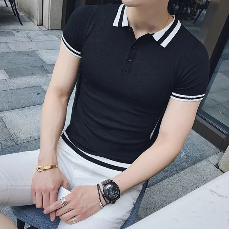 Men's slim fit short sleeve casual polo shirt in black front view
