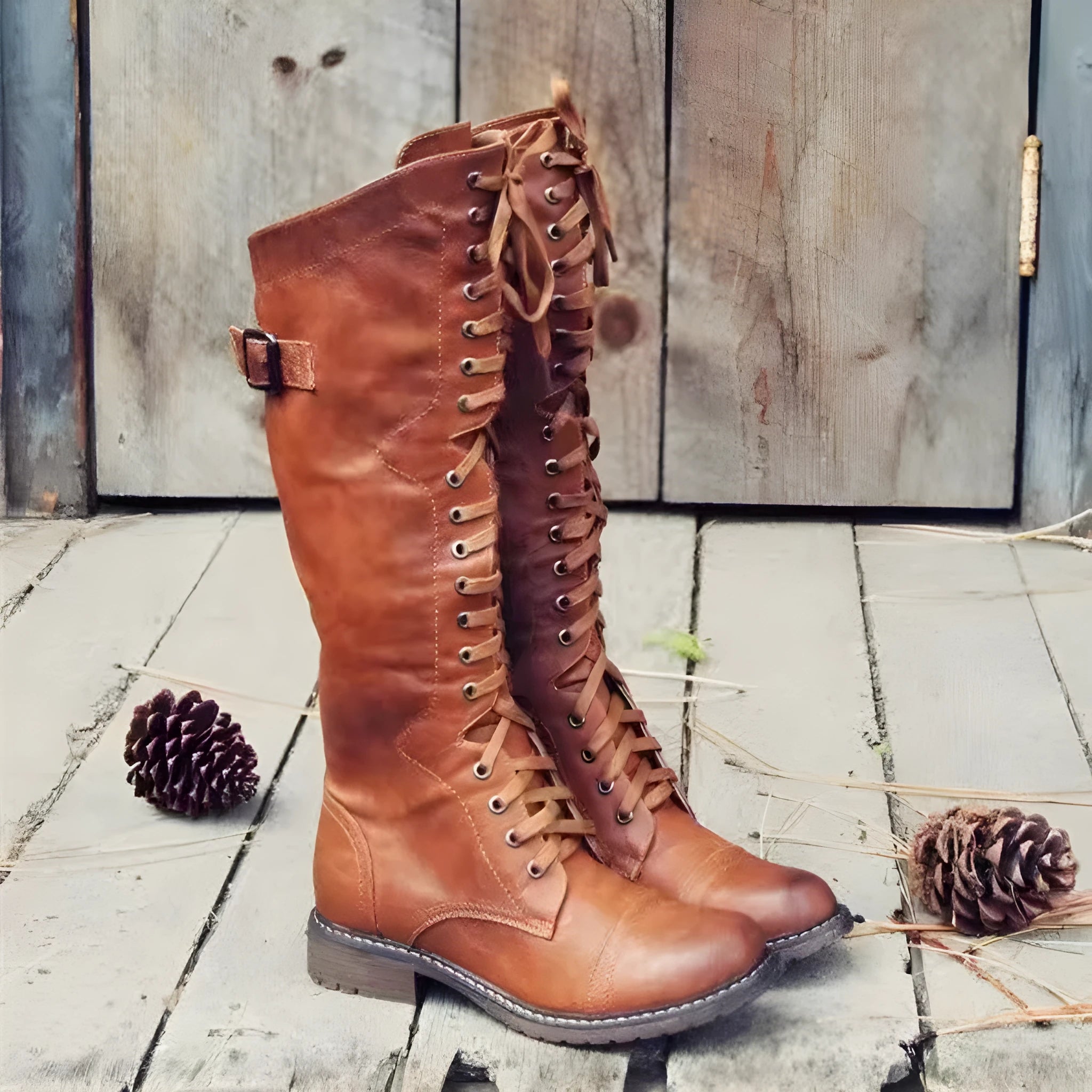 Black women's high-leg boot with a chunky low heel and round toe on a plain background.