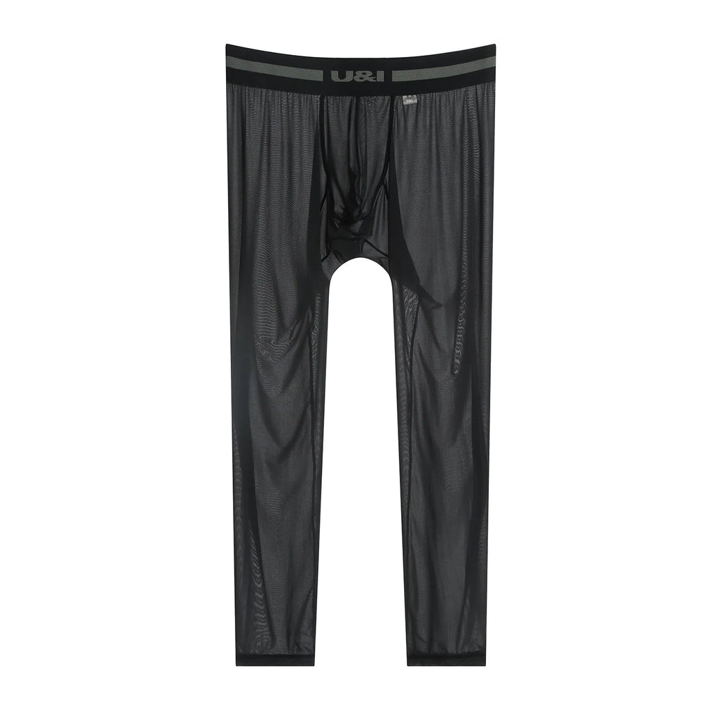 Sexy men's high-elasticity ice silk sports fitness leggings in solid colour black, front view