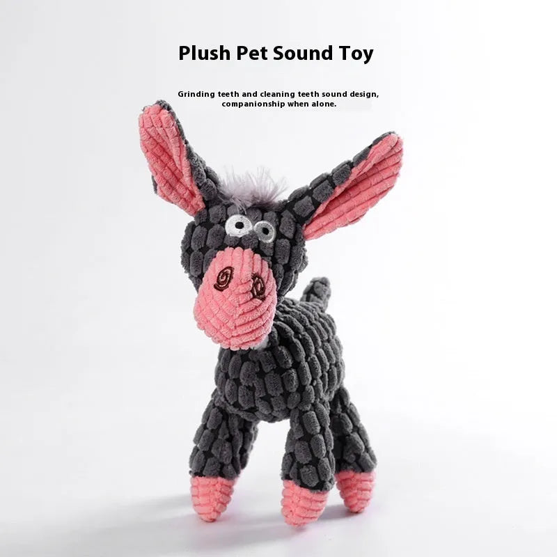 Soft plush puppy toy in character styles including a rechargeable duck, a donkey, a blue elephant, a vertigo dog, and a winky elephant.