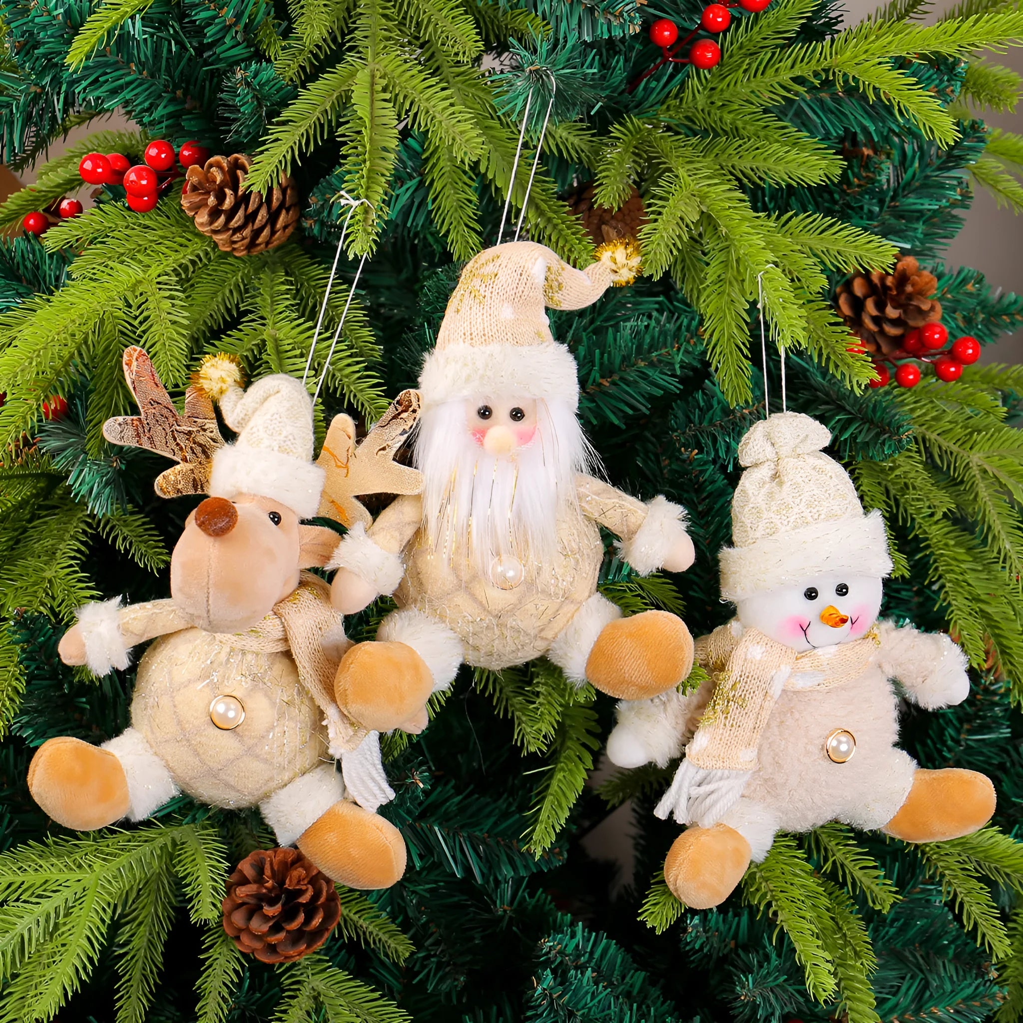Santa Claus doll Christmas tree pendant with deer and snowman scene layout, made from mixed materials