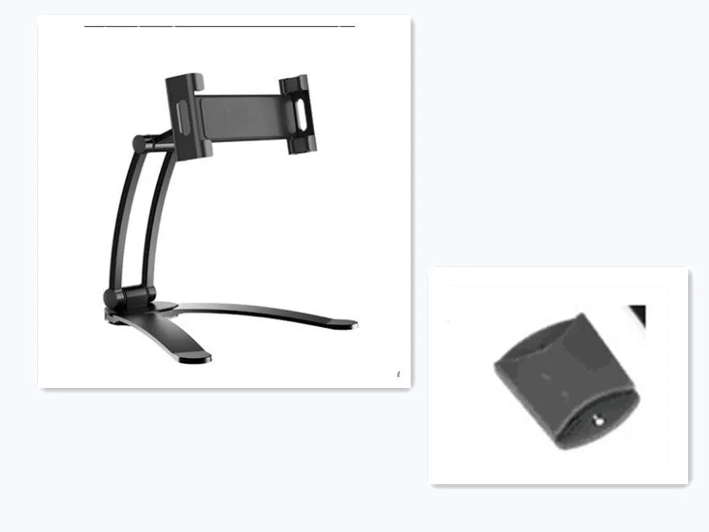 Silver aluminium desktop tablet stand holding a tablet, showing 360-degree rotation and dual adjustable clip design.