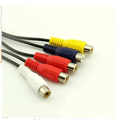 Black tinned copper AV cable with 3.5mm plus 2.5mm plug on one end and five RCA connectors on the other, 18cm length