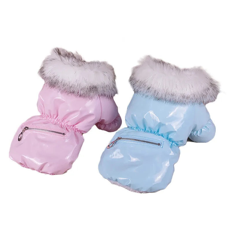 Blue cotton dog coat for winter on a small dog, showing sizing and British style.
