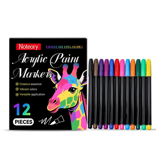 Set of 12 fine point acrylic paint markers for art and crafts on various surfaces.