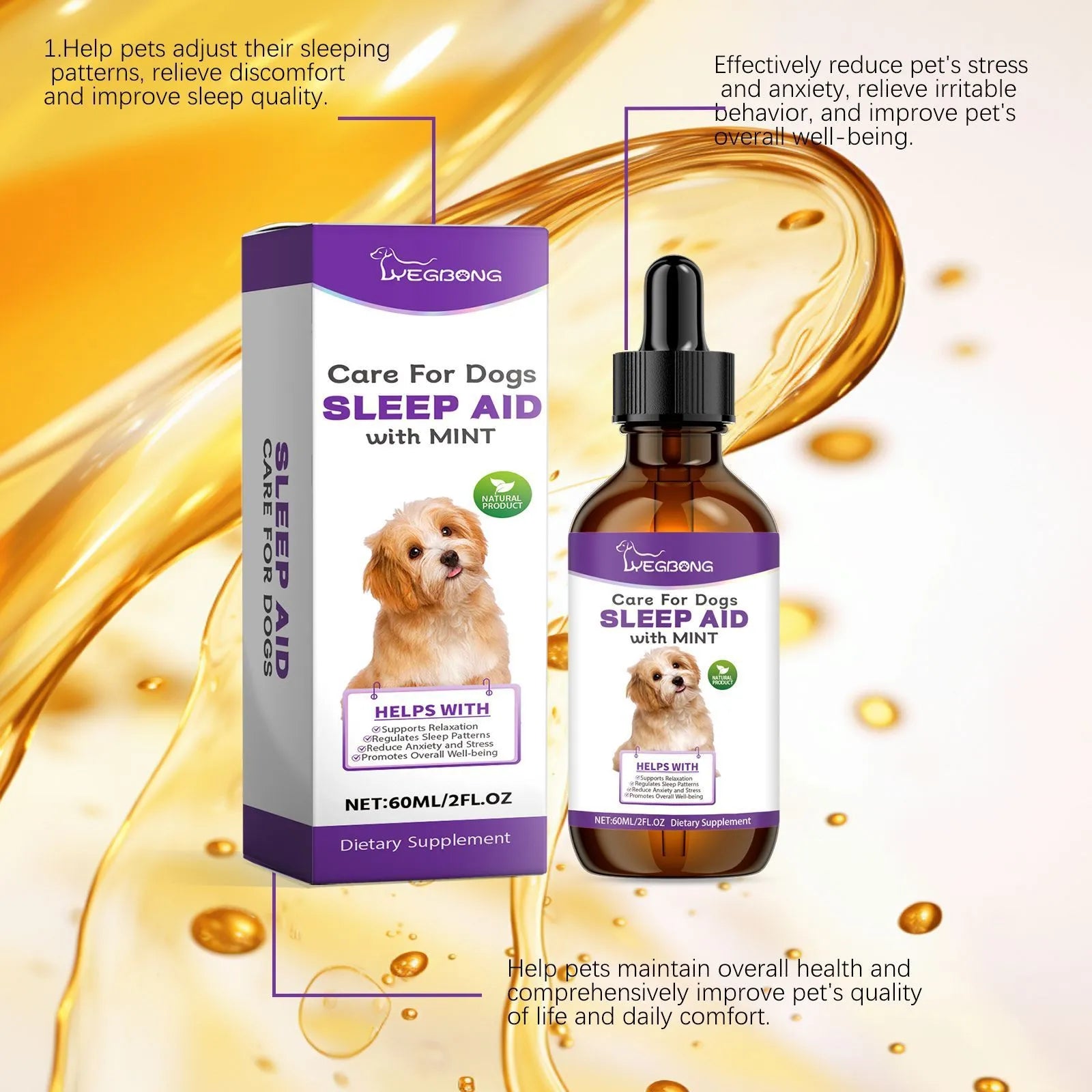 60ml bottle of dog sleep drops liquid supplement with mint extract for veterinary care