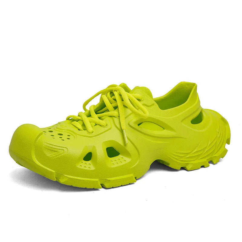 Men's lace-up outdoor sandals in black with round toe design and front adjustment laces