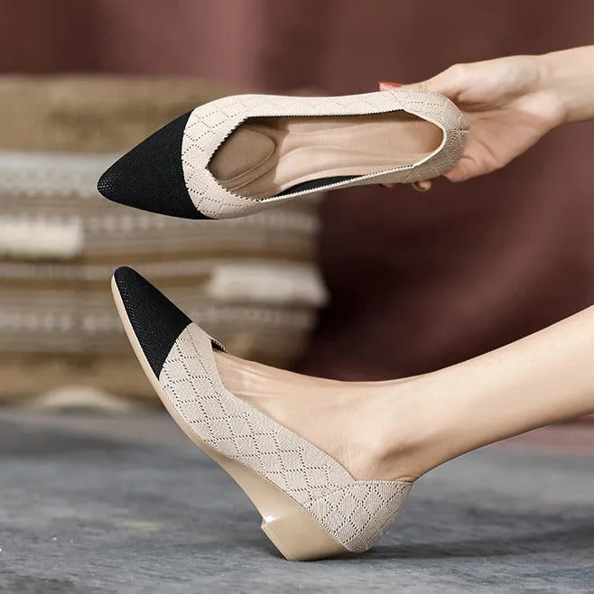 Women's casual Flyknit wedge shoes with a mid heel and rubber sole in various colours.