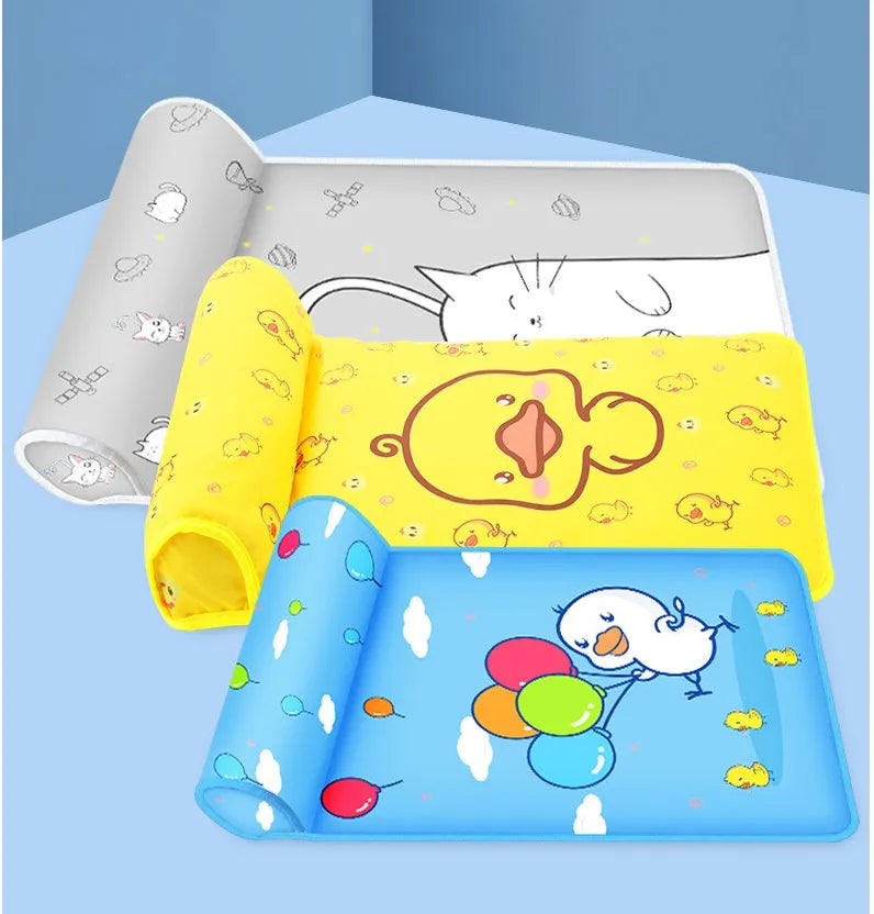 Summer cooling dog mat with raised pillow, breathable ice silk surface, non-slip waterproof backing, available in blue, grey, sky blue, and yellow, sizes 40x60cm and 60x80cm