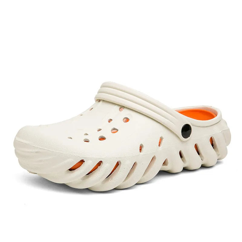 Men's beige EVA slipper sandals with hole design and non-slip sole.
