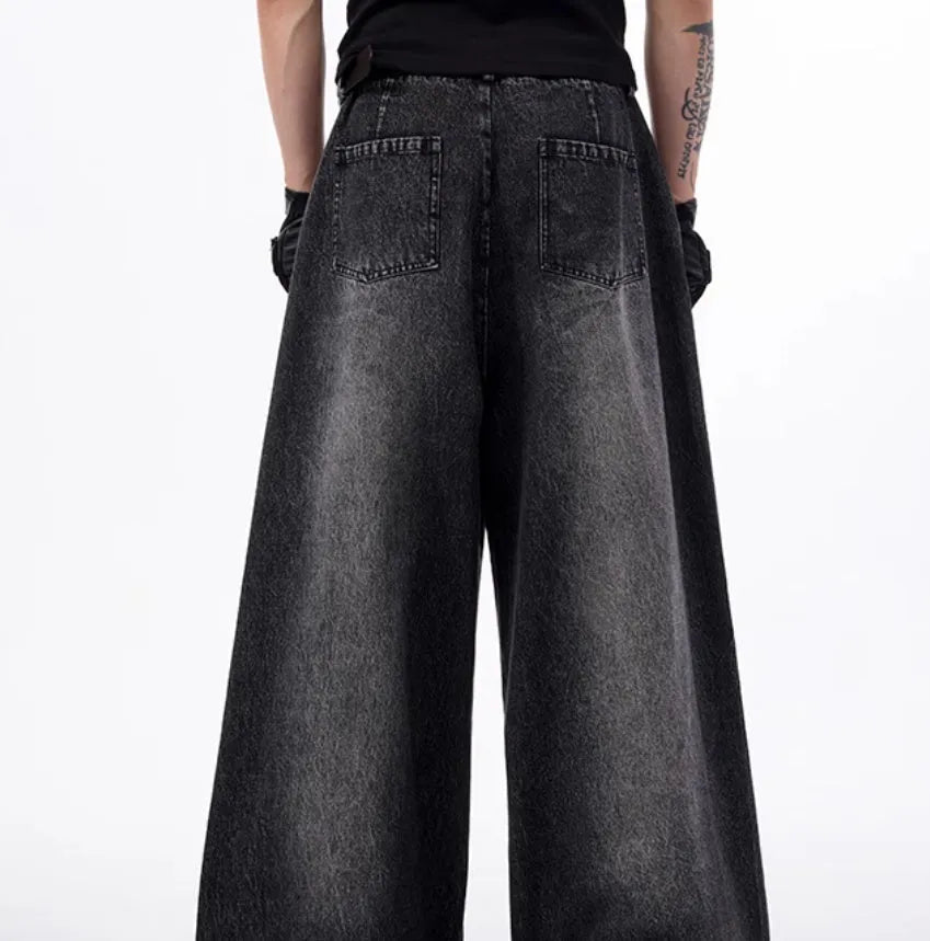 Korean style wide leg trousers and matching waistcoat set in black and grey washed denim fabric