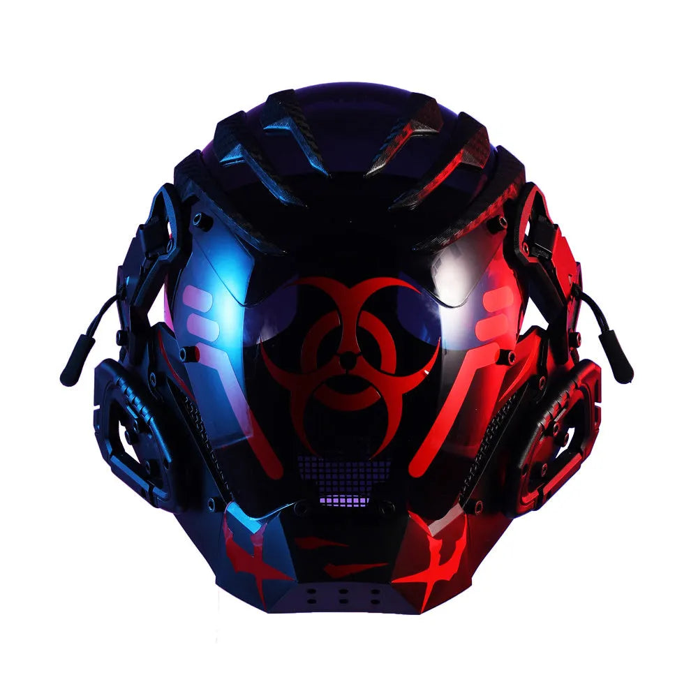 Black full-face bioweapon-style prop helmet with bio-mechanical details, shown from the front.