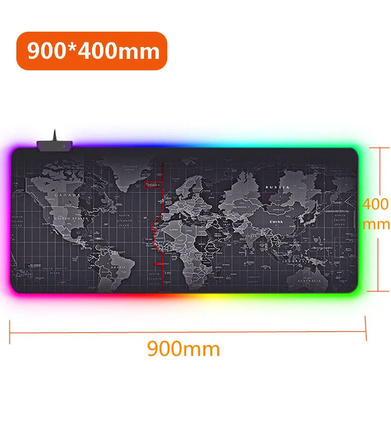 Large RGB gaming mouse pad with waterproof cloth surface and colourful stitched edge, featuring seven style options