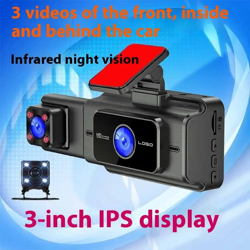 Black 3 lens car dash cam with 3 inch screen, shown mounted on a vehicle windshield.