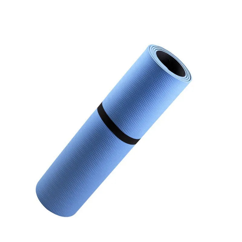 Blue conductive yoga mat with floral pattern, grounding wire, and non-slip surface.