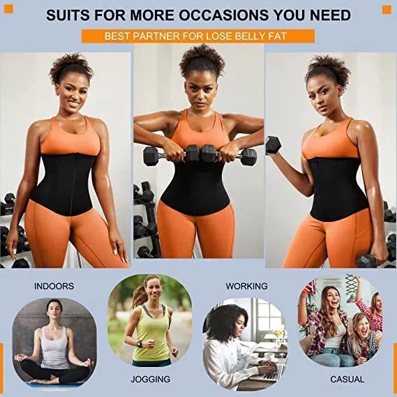 Adjustable neoprene sports belly belt for abdominal support in blue or silver, showing sizing options.