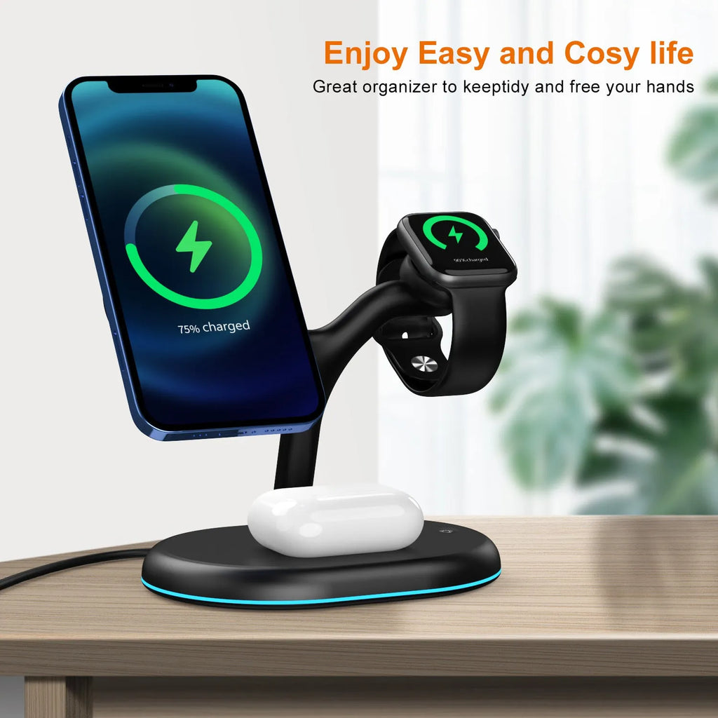 Black ABS magnetic wireless charger, 500 mA current, 15 V output, one charger included