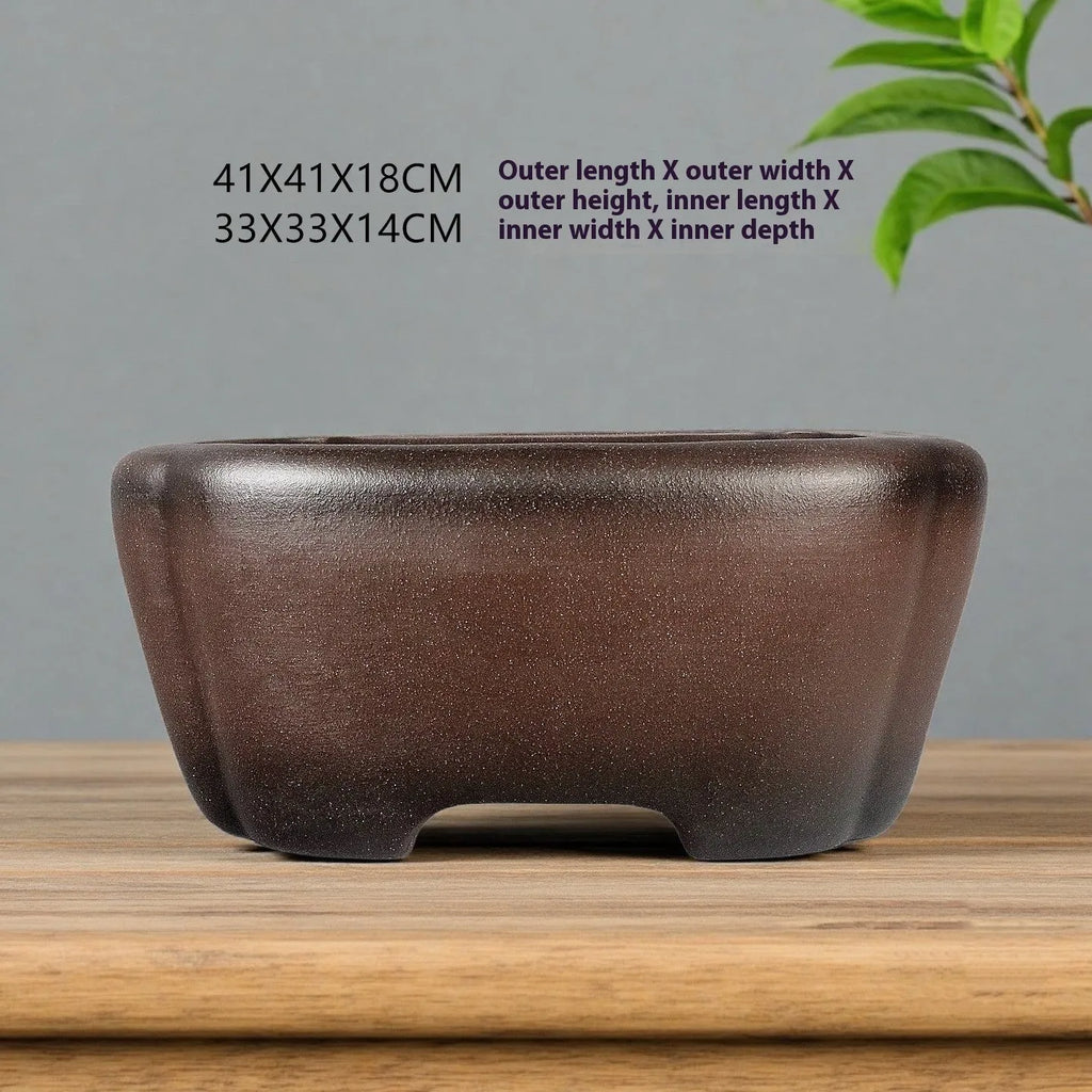 Handmade antique square purple sand ceramic bonsai flower pot, 41x41x18cm, for flowers and green plants
