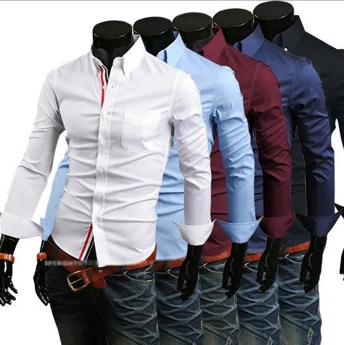 New men's long-sleeved cardigan lapel plain cotton blended shirt in navy blue with Asian sizing