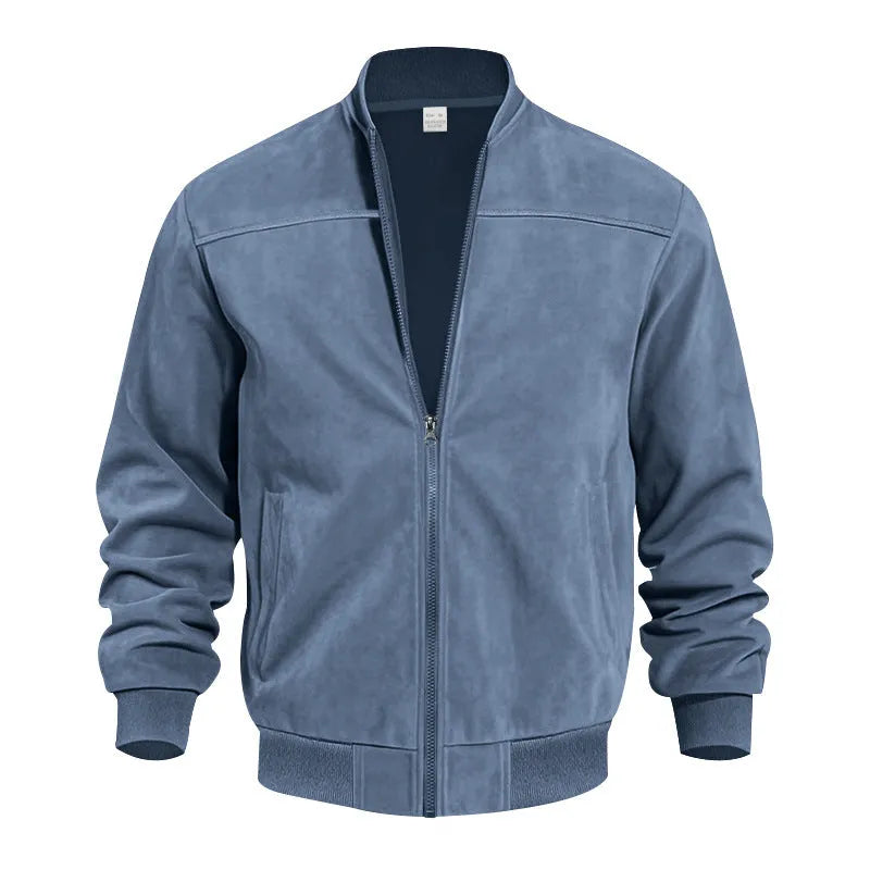 Men's plus-size suede jacket in Army Green with a front zipper and regular fit.