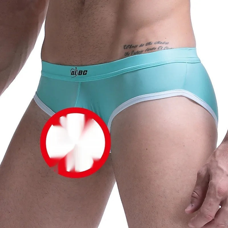 Men's Ice Silk bazooka briefs in multiple colours, showing mid-waist design and bullet separation feature.