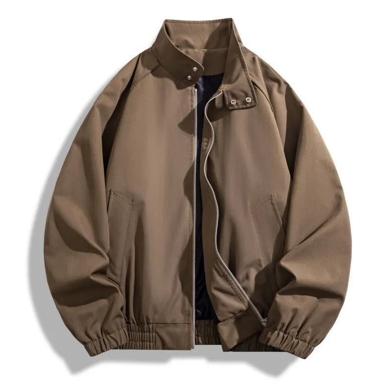 Men's loose stand collar jacket, long sleeve polyester blend casual jacket in black brown camel coffee or gray green
