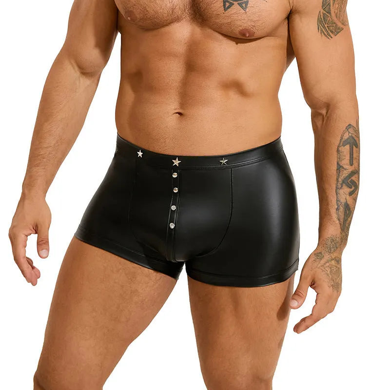 Men's black PU leather boxer shorts with pouch front design on mannequin