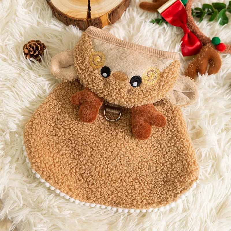 Cartoon elk design cat cloak in green or brown polyester for winter warmth