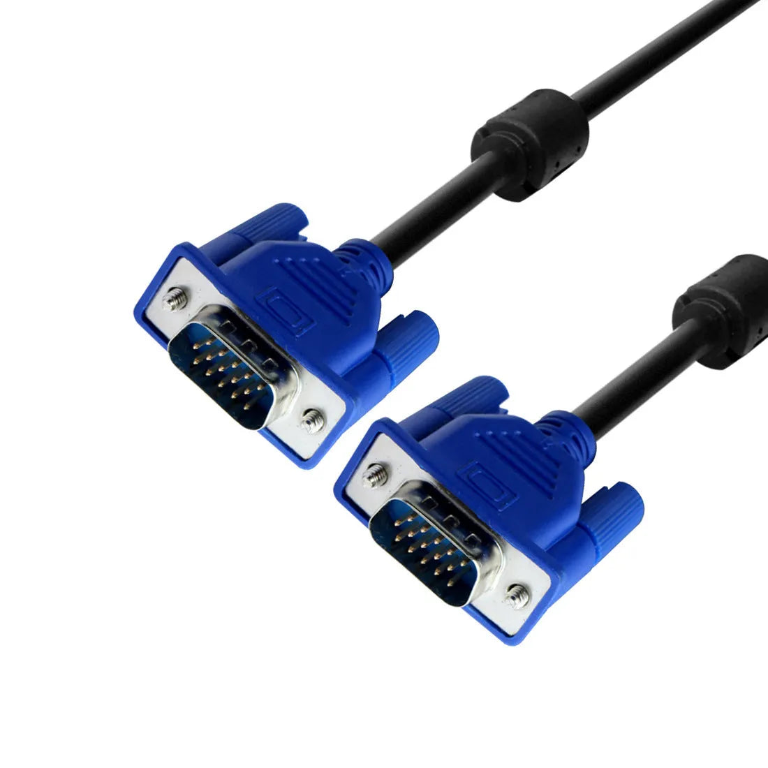 Black VGA cable with blue connector heads, 1.5 metre length for computer to monitor video connection