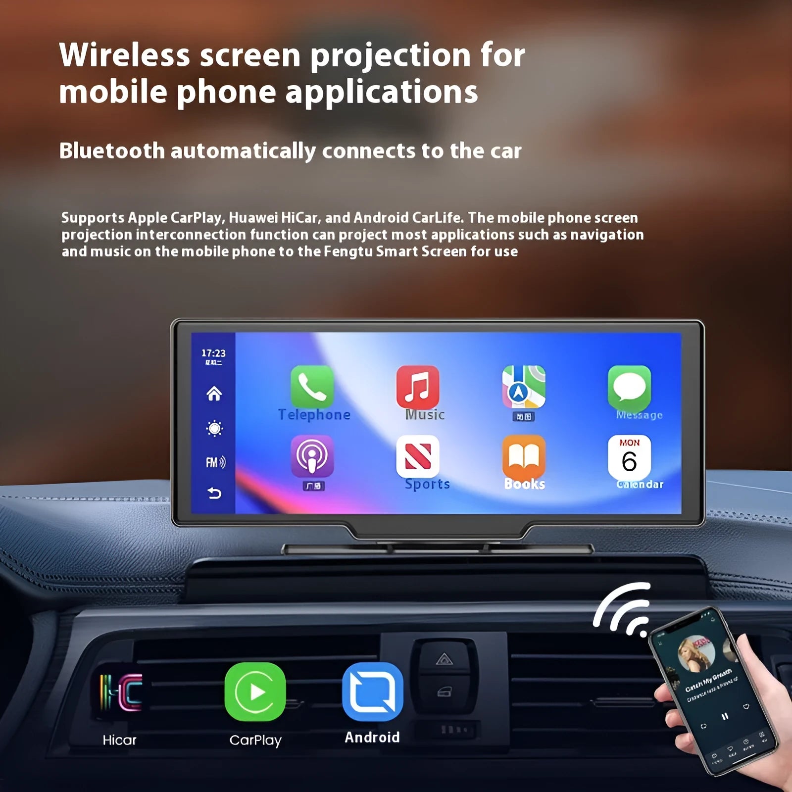 CarSmart 10-inch black touch screen mounted in car, showing navigation map via Apple CarPlay interface