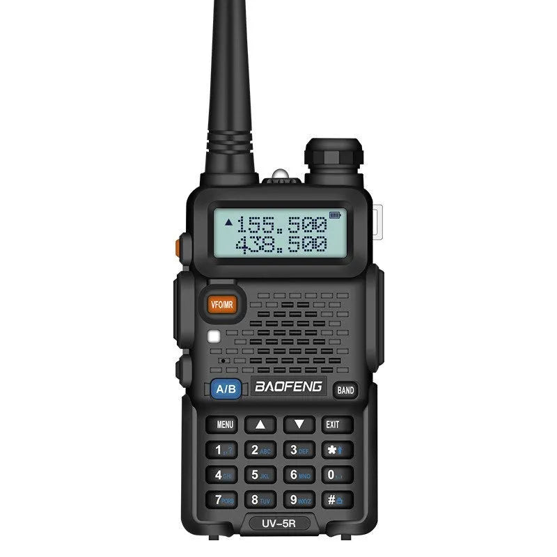 Baofeng UV5R black portable dual band walkie talkie with antenna, battery, charger, earpiece and clip
