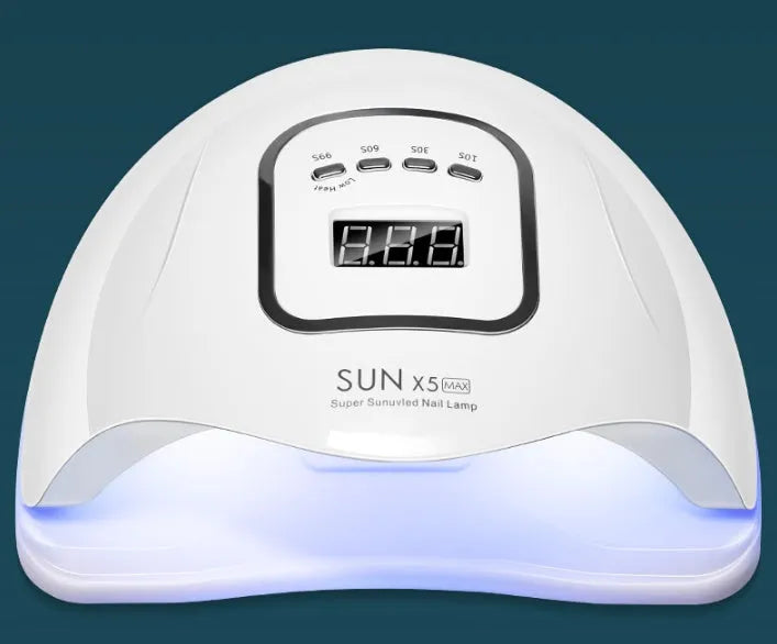 White 120W UV LED gel nail polish dryer lamp with timer display and multiple light settings.