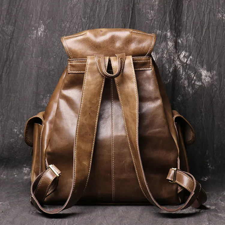 Women crazy horse leather backpack oval shape black brown drawstring buckle flap pockets first layer cowhide