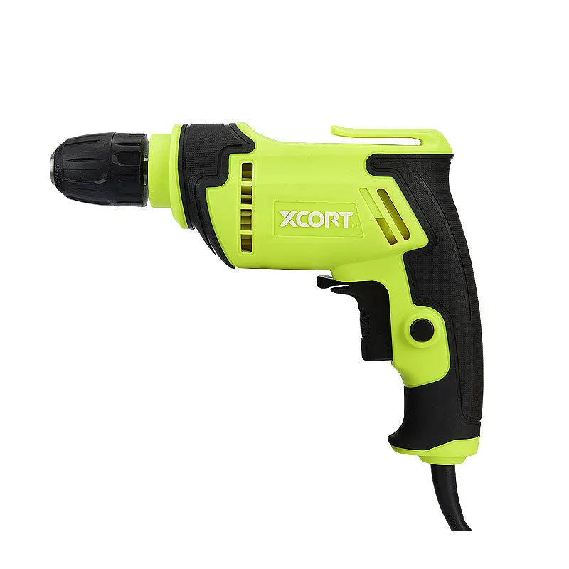 Black pistol-grip electric power drill with a 10mm chuck on a workshop bench.