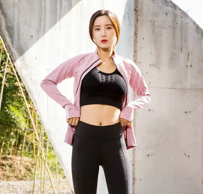 Slim fit sportswear top in grey or pink, 90% nylon and 10% spandex, sizes S M L