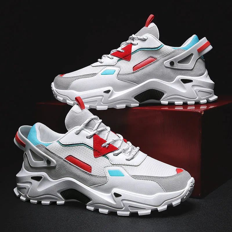 Men's breathable casual sneakers in black white colour-blocked pattern with lace-up front