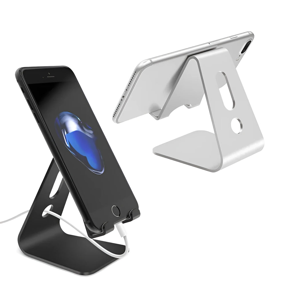 Aluminium alloy foldable phone and tablet holder in silver colour on a wooden table