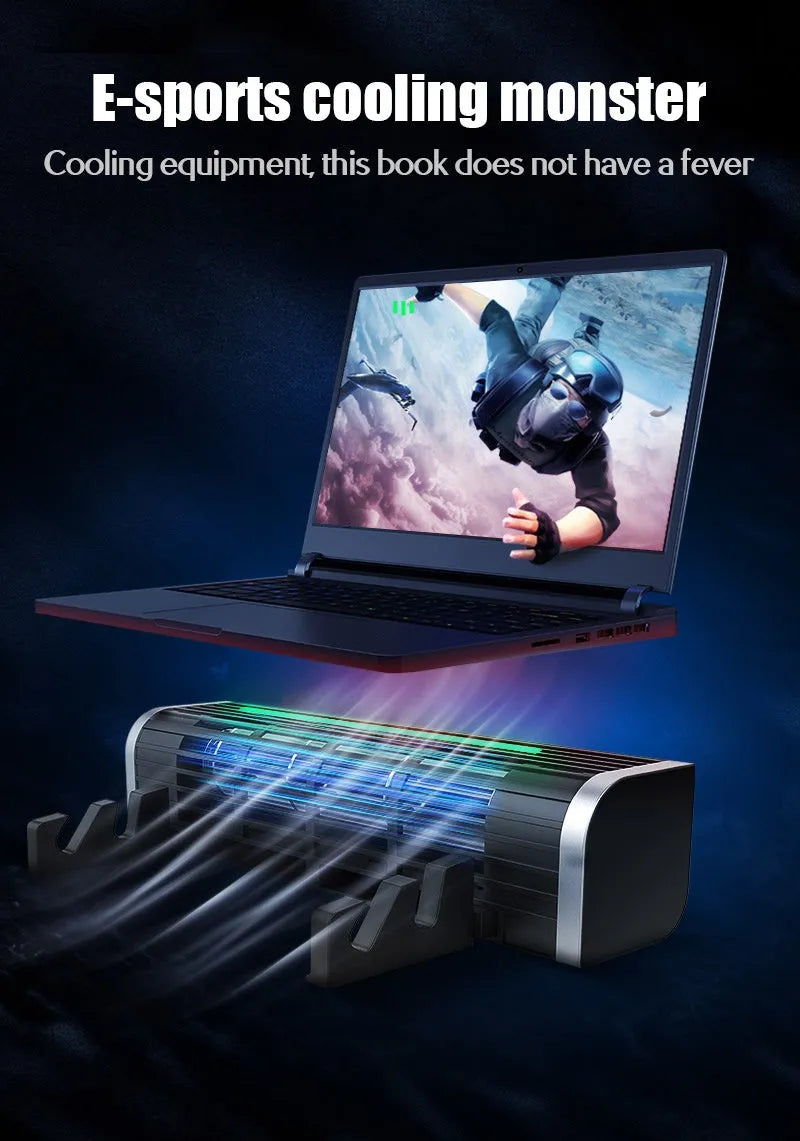 Black notebook cooling pad with dual fans for a 17-inch laptop on a desk